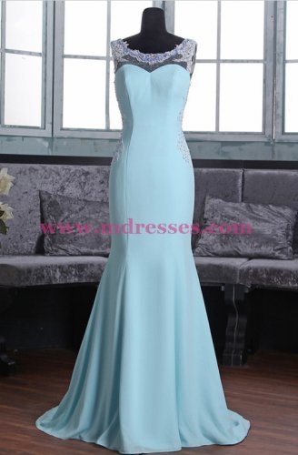 Mermaid Long Blue Beaded Lace Prom Dresses Party Evening Gowns 369