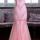 Long Pink Beaded Mermaid Lace Tulle Prom Dresses Party Evening Gowns 370