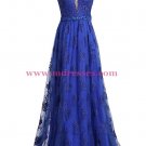 A-Line Long Blue Beaded Lace Prom Dresses Party Evening Gowns 372