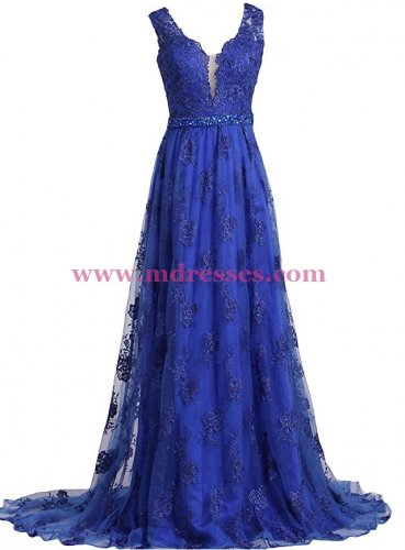 A-Line Long Blue Beaded Lace Prom Dresses Party Evening Gowns 372