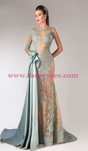 Mermaid One Sleeve Lace Long See Through Prom Dresses Party Evening Gowns 375