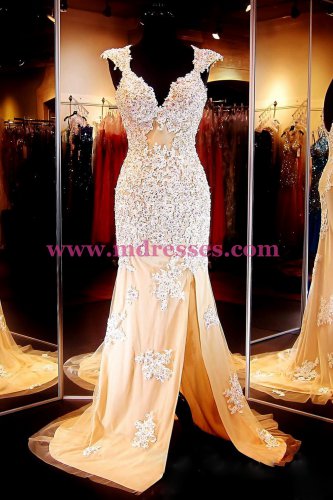 Mermaid Cap Sleeves Lace Long Prom Dresses Party Evening Gowns 377