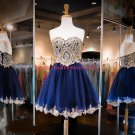 Short Blue Sweetheart Gold Lace Appliques Homecoming Cocktail Prom Dresses 379