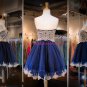 Short Blue Sweetheart Gold Lace Appliques Homecoming Cocktail Prom Dresses 379