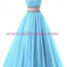 Two Pieces Beaded Lace Appliques Long Blue Prom Dresses Party Evening Gowns 380