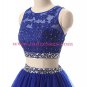 Two Pieces Beaded Lace Appliques Long Blue Prom Dresses Party Evening Gowns 380