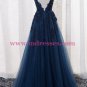 A-Line Lace Appliques Long Blue Prom Dresses Party Evening Gowns 383