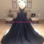 A-Line Long Black Lace V-Neck Prom Dresses Party Evening Gowns 384