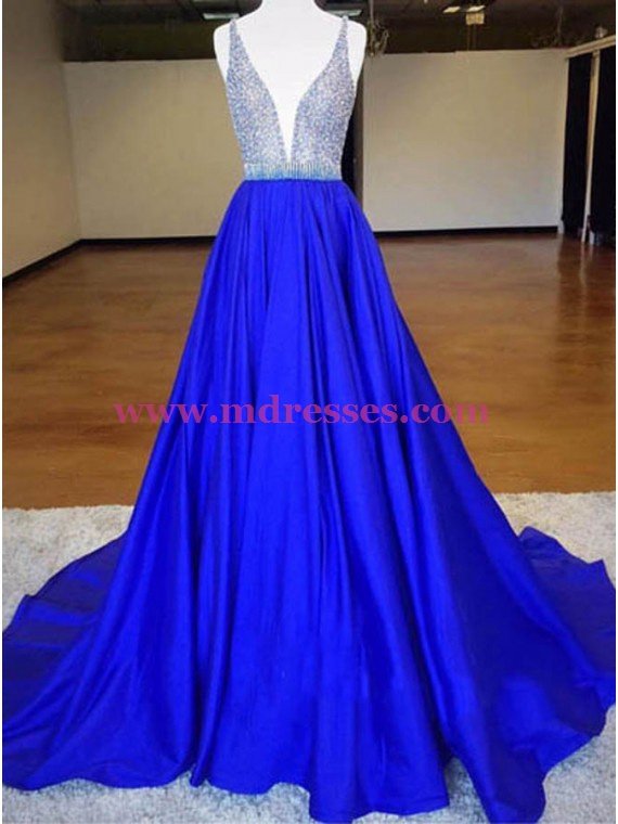 A-Line Long Blue V-Neck Prom Dresses Party Evening Gowns 392