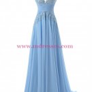Long Blue Chiffon Illusion Bodice Lace Prom Dresses Party Evening Gowns 393