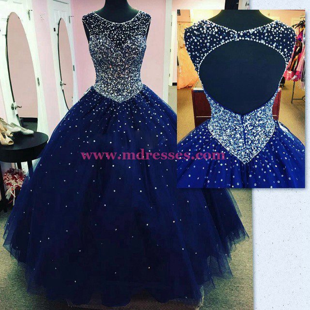 Ball Gown Beaded Long Blue Prom Dresses Party Evening Gowns 403
