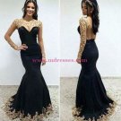 Long Black Mermaid Gold Lace Appliques Long Sleeves Prom Dresses Party Evening Gowns 405