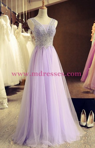 A-Line Beaded Lilac Tulle Prom Dresses Party Evening Gowns 407