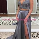 Sexy Beaded Two Pieces V-Neck Silver Prom Dresses Party Evening Gowns with Slit 421 Sexy Beaded Two Pieces V-Neck Silver Prom Dresses Party Evening Gowns with Slit 421