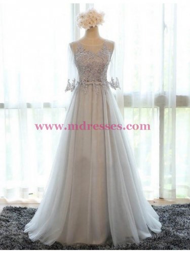 A-Line Illusion Neckline 3/4 Length Sleeves Prom Dresses Party Evening Gowns 425