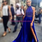 Sexy Beaded Blue Long Prom Dresses Party Evening Gowns with Slit 432