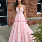 A-Line Long Pink Lace V-Neck Prom Dresses Party Evening Gowns 437 A-Line Long Pink Lace V-Neck Prom Dresses Party Evening Gowns 437