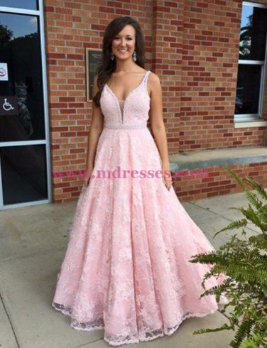 A-Line Long Pink Lace V-Neck Prom Dresses Party Evening Gowns 437