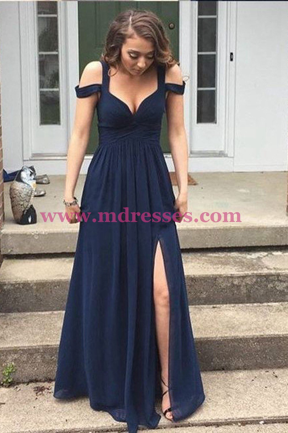 Long Navy Chiffon Side Slit Prom Dresses Party Evening Gowns 442