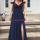 Long Navy Chiffon Side Slit Prom Dresses Party Evening Gowns 442