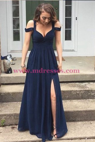 Long Navy Chiffon Side Slit Prom Dresses Party Evening Gowns 442