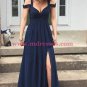 Long Navy Chiffon Side Slit Prom Dresses Party Evening Gowns 442