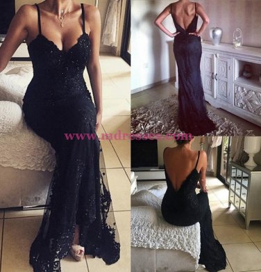 Long Spaghetti Straps Lace Prom Dresses Party Evening Gowns 450