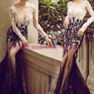 Sexy Mermaid Long Sleeves Black White Lace Prom Dresses Party Evening Gowns 484