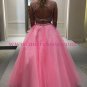 Beaded Two Pieces Long Pink Keyhole Back Prom Dresses Party Evening Gowns 503