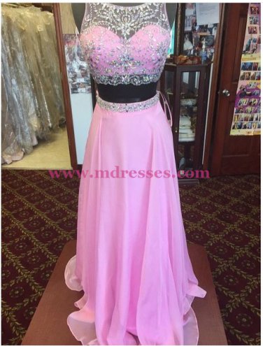 Long Pink Beaded Chiffon Prom Dresses Party Evening Gowns 522