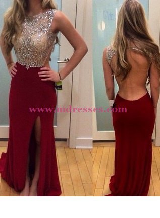 Long Burgundy Beaded Open Back Prom Dresses Party Evening Gowns 526