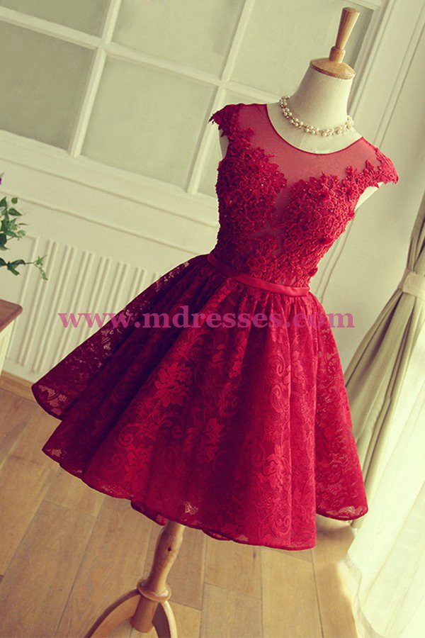 Short Burgundy Lace Keyhole Back Homecoming Cocktail Prom Dresses 532