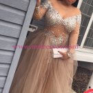 Long Sleeves V-Neck Beaded Plus Size Prom Dresses Party Evening Gowns 547