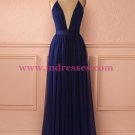 Sexy Long Blue Low V-Neck Simple Tulle Prom Party Dresses 562