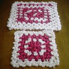 set of 2 red and white ruffled dolies hand crocheted