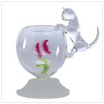 GLASS CAT AND FISH BOWL W/FISH