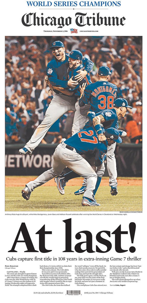 Chicago Cubs Win the World Series Newspaper Chicago Tribune