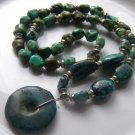 Antique Natural Green Turquoise Bead 20" Vintage Necklace Large 1.25" Pendant