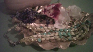 Dramatic Vintage Turquoise Blue Yellow Stone Glass Bead Multi-Strand Necklace 22"