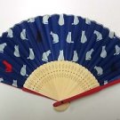 Japanes Kimono sense Fan Wind Folding #093 CAT KAWAII BLUE