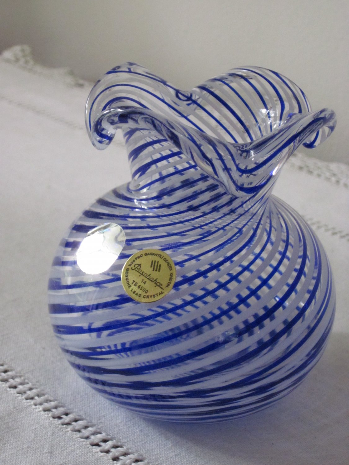 Turkish Glass Vase Pasabahce Hand Made Blue Twist