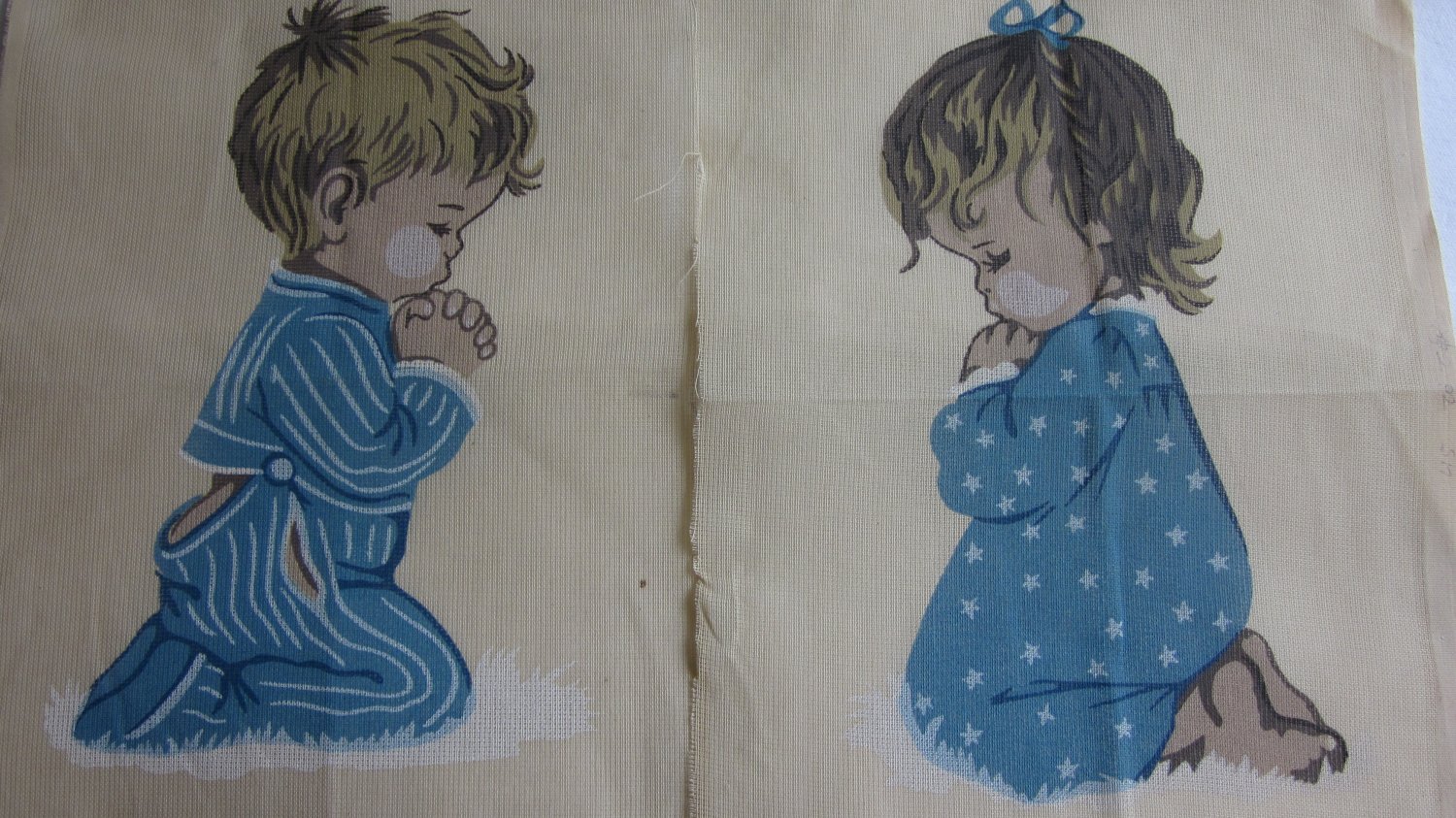 Pair Vintage Needlepoint Canvas Praying Children Boy Girl