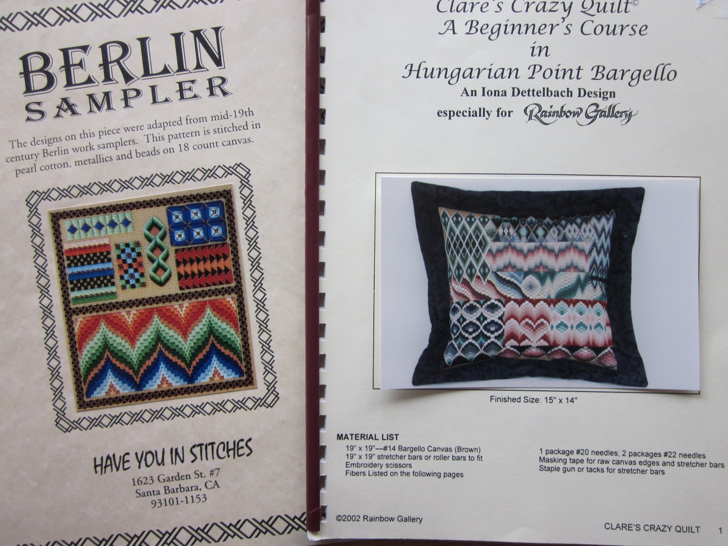 Patterns Charts for 2 Needlepoint Samplers Berlin and Clare's Crazy Quilt