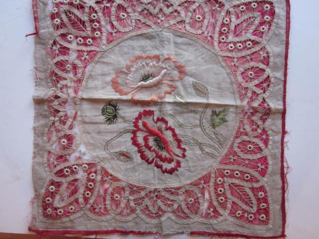Antique Vintage Needlework Pillow Front, Poppies Design
