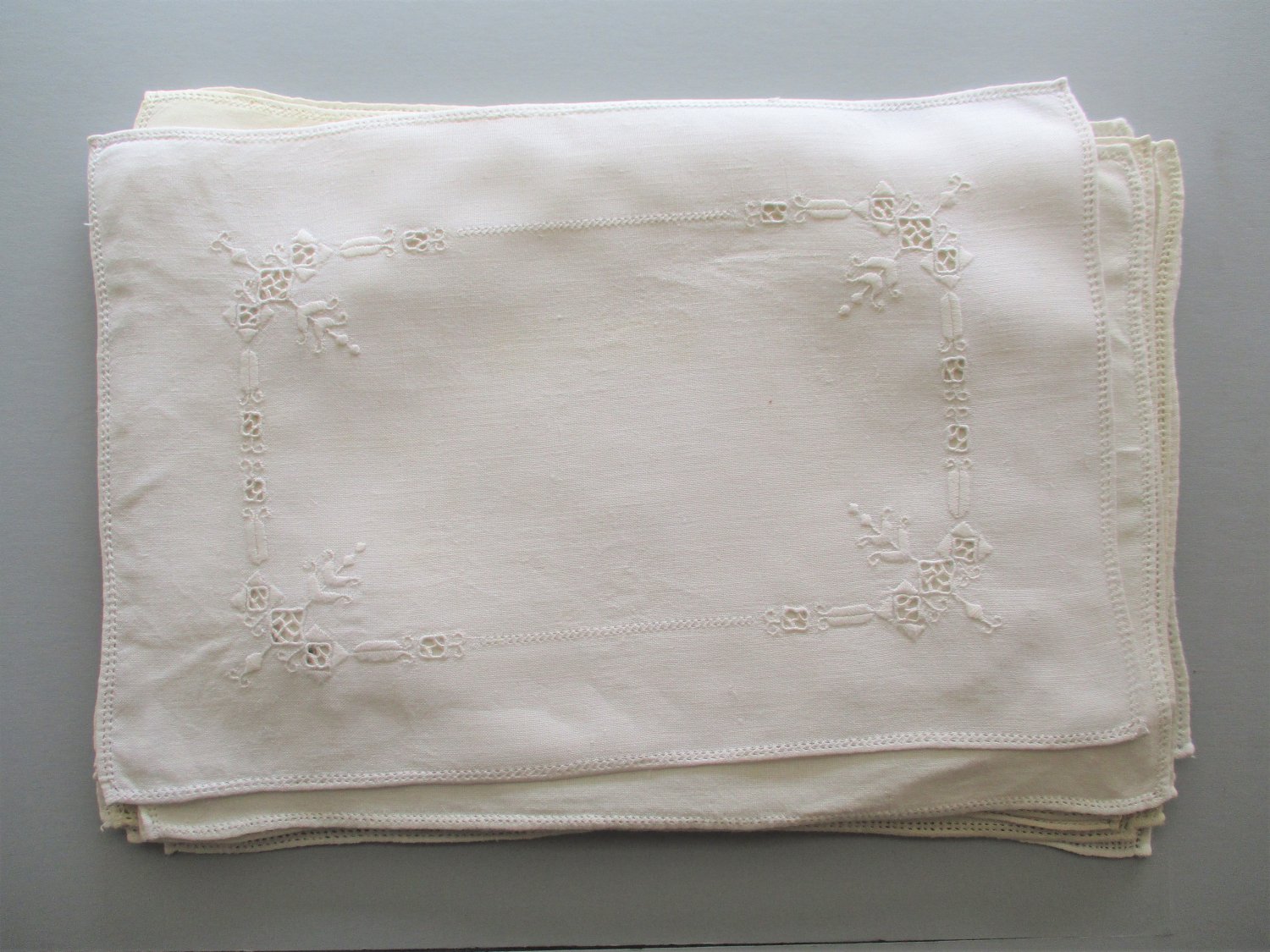 Vintage Set 16 Reticella Embroidered Linen Placemats