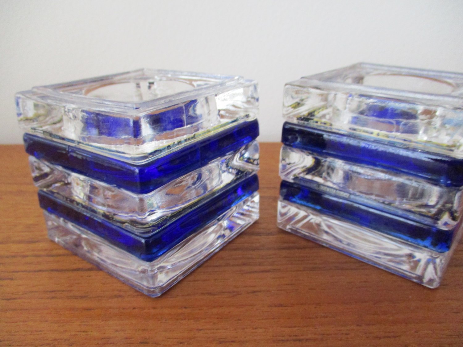 Pair MCM Glass Cube Candle Holders with Cobalt Stripes