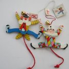 2 Sevi Italy Wooden Jumping Jack Pull String Toys Clown, Harlequin Ornaments