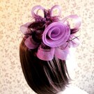 Purple Swirled Rose Feather Veil Loop Top Hair Fascinator Clip Brooch Party Birthday Wedding Church