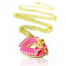 FREE SHIPPING Halloween Punk Skull on Pink Lip Necklace