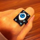 RARE Vintage Style Rectangular Blue EYEBALL Bronze Rhinestone Size Adjustable Ring Gift